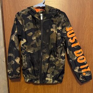 Nike Kids Camo Raincoat with Orange Text